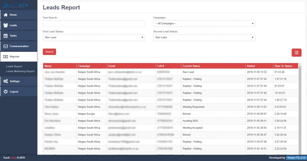 Lead reports on TrackEasy 
